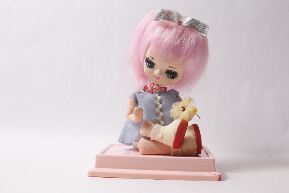 1960s Japanese Pose Doll Pink Hair and Light Blue Dress ~ 260826-WH 1309